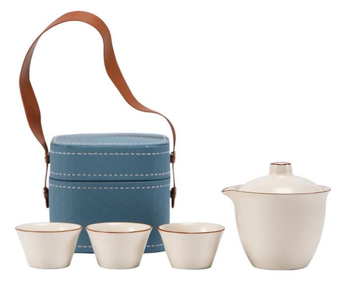 Portable travel tea set with one pot and three cups