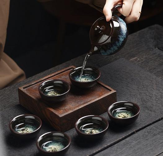 Kiln-changed gold sand ceramic tea set with one pot and six cups