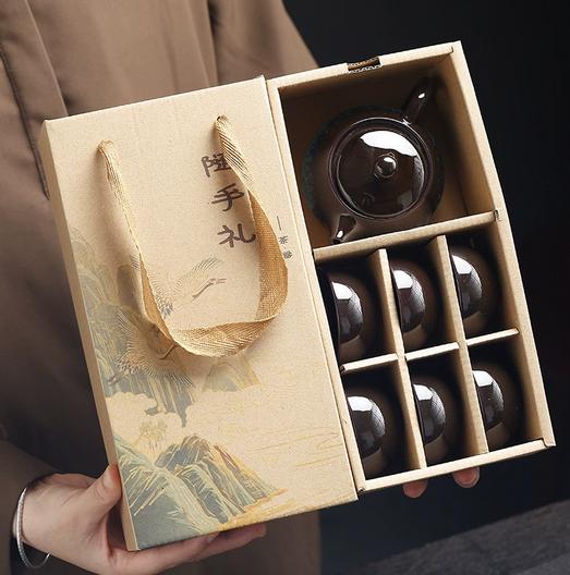 Kiln-changed gold sand ceramic tea set with one pot and six cups