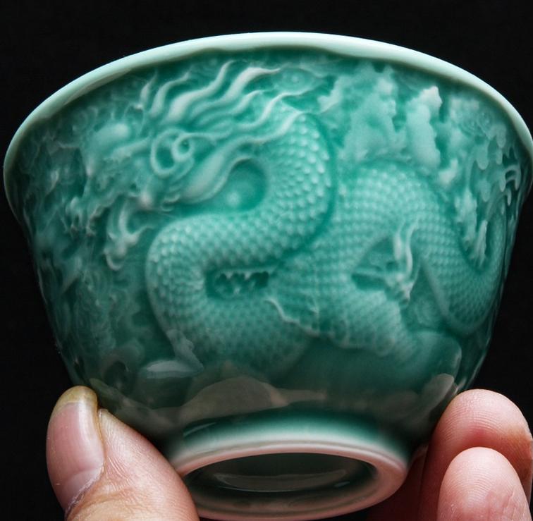 Celadon relief dragon plum green host cup