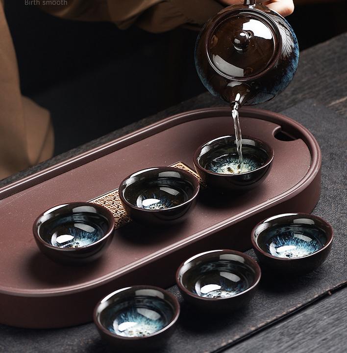 Kiln-changed gold sand ceramic tea set with one pot and six cups
