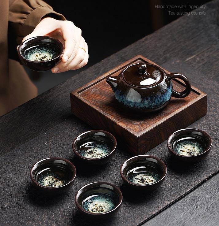 Kiln-changed gold sand ceramic tea set with one pot and six cups