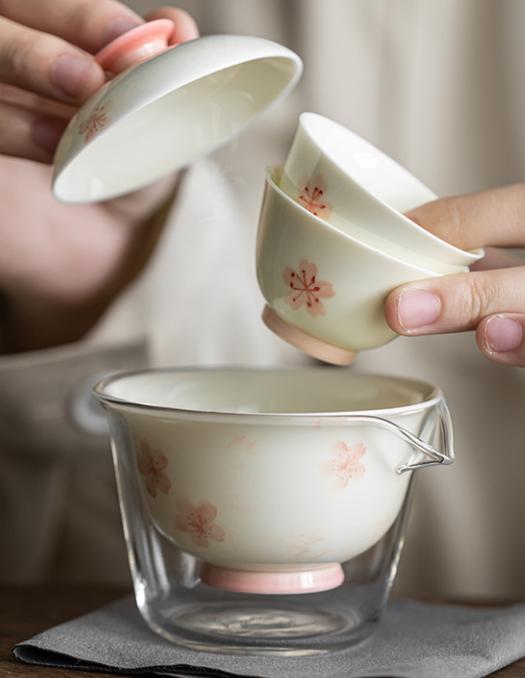 Hand-painted cherry blossom travel portable tea set