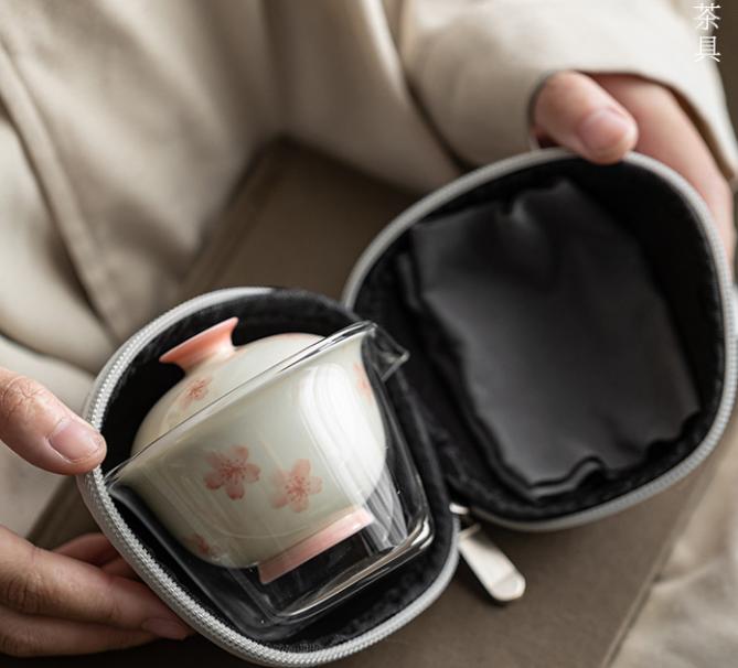 Hand-painted cherry blossom travel portable tea set