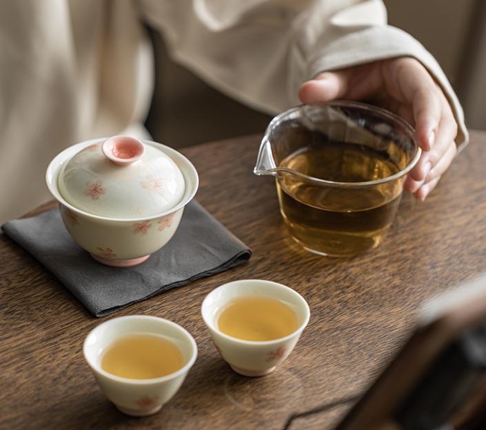 Hand-painted cherry blossom travel portable tea set