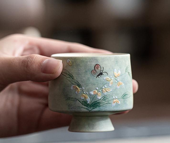Hand-painted Oncidium ceramic teacup