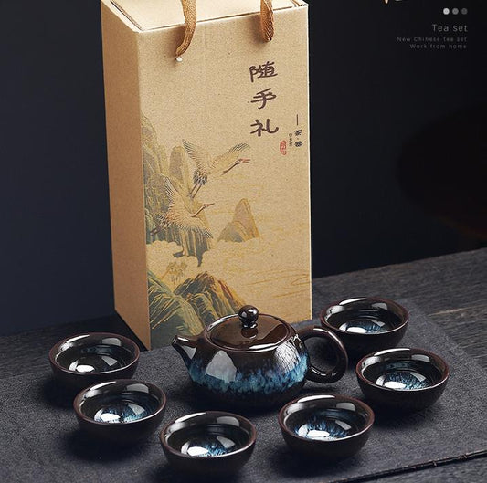 Kiln-changed gold sand ceramic tea set with one pot and six cups