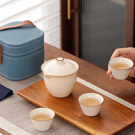 Portable travel tea set with one pot and three cups