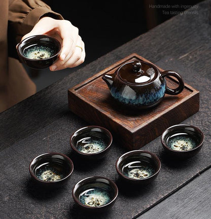 Kiln-changed gold sand ceramic tea set with one pot and six cups