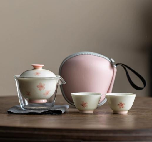 Hand-painted cherry blossom travel portable tea set